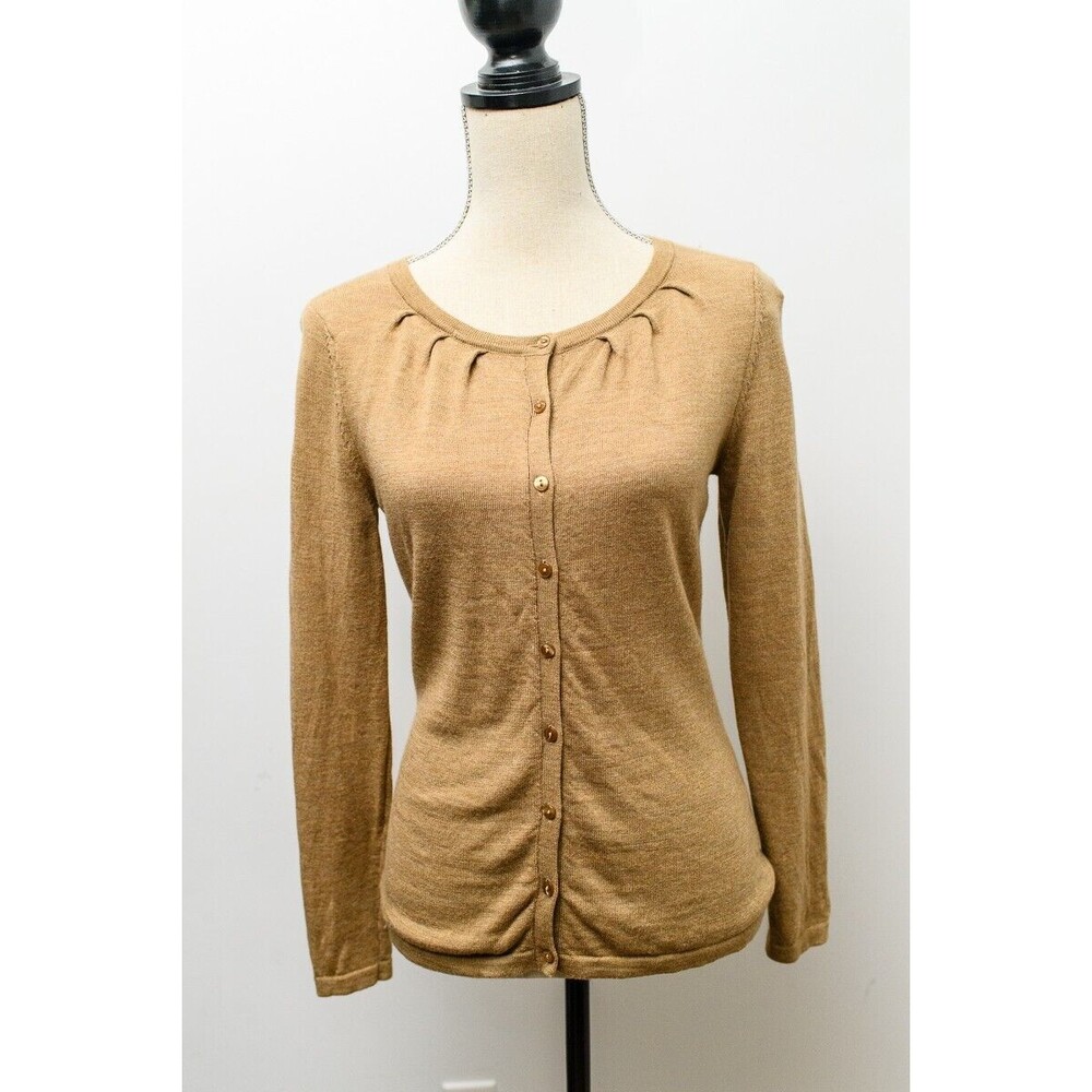 Kate Hill Petite 100% Merino‎ Wool tan sweater PS grandma cottagecore